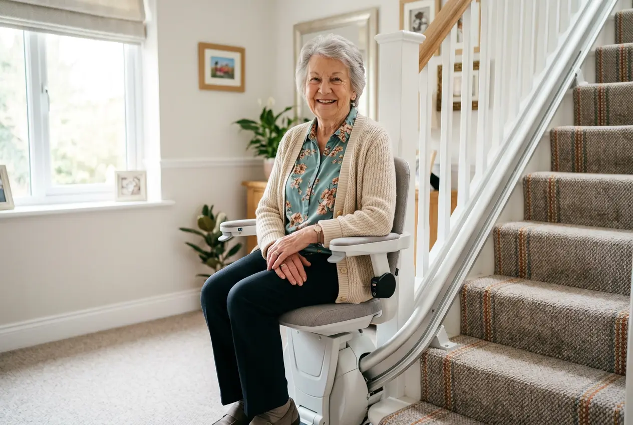 Pensioner on a stairlift at home